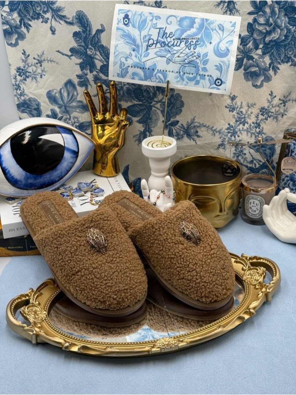 🆕 KURT GEIGER LONDON 🧿 NWOB Kensington Brown Sherpa Slippers, Sz 37 US 7